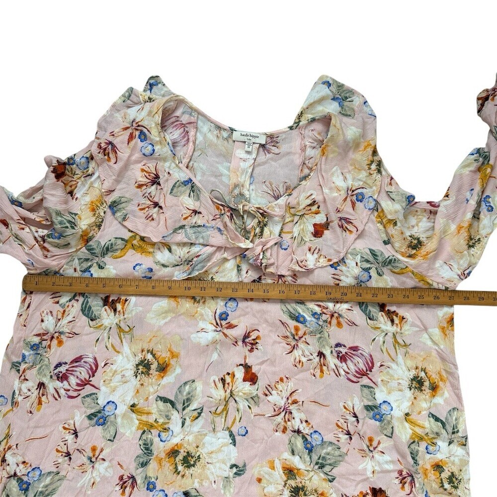 Haute Hippie Tribe Blouse 3X Pink Floral Ruffle Tie-Neck Boho Peasant Cottage - Picture 8 of 8
